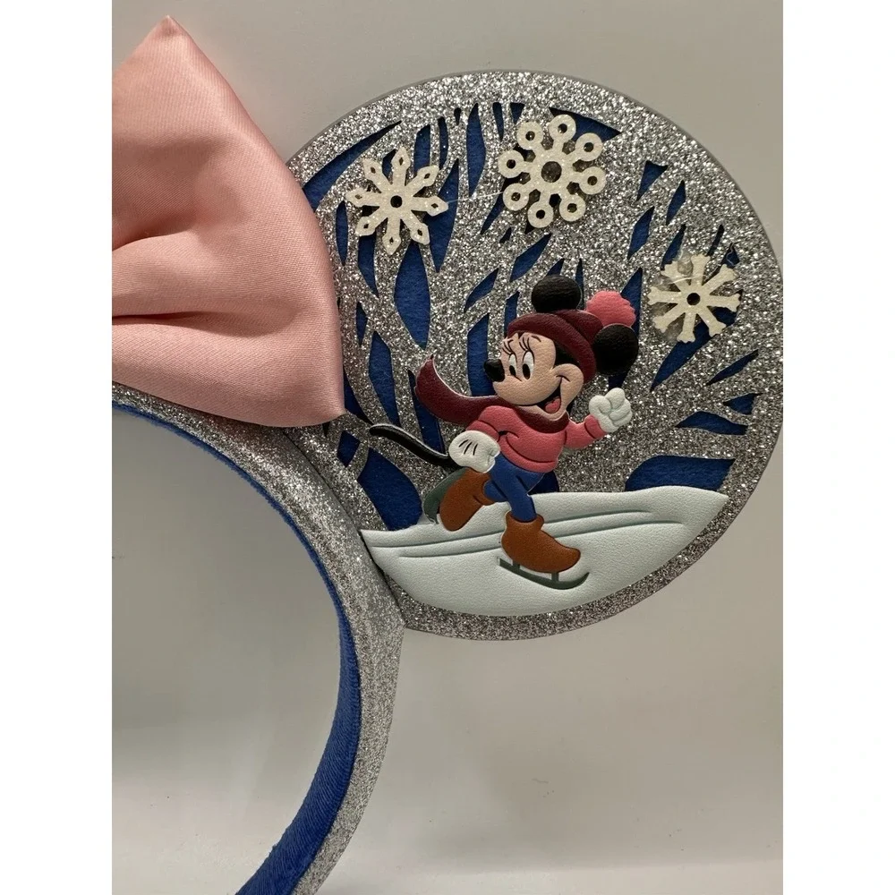 Disney Parks 2023 Christmas Mickey Minnie Snowman Glitter Ear Headband‎ Pink Bow